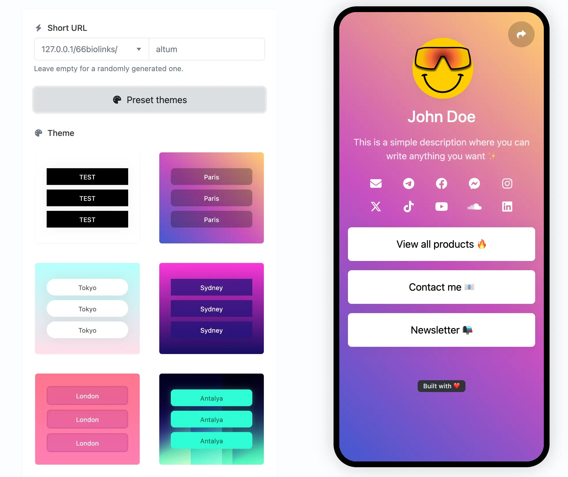 Screenshot of the app biolink editing page